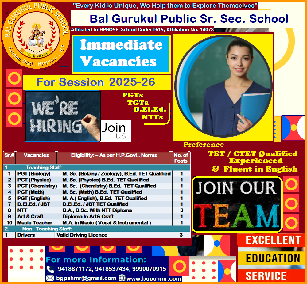 WE ARE HIRING PGT : Biology, Physics, Chemistry,  English, JBTs & NTTs